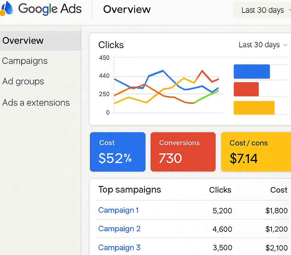 Google Ads dashboard overview showing clicks, cost, conversions, and campaign performance analytics as part of Google Ads 2026 strategy by SEO Pro Star Agency.