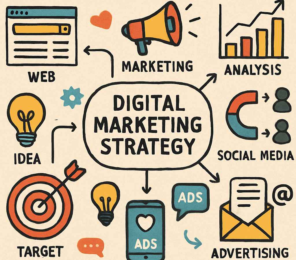 Google Ads 2026 strategy by SEO Pro Star Agency showing digital marketing strategy elements including web, marketing, analysis, social media, ads, targeting, and advertising icons.