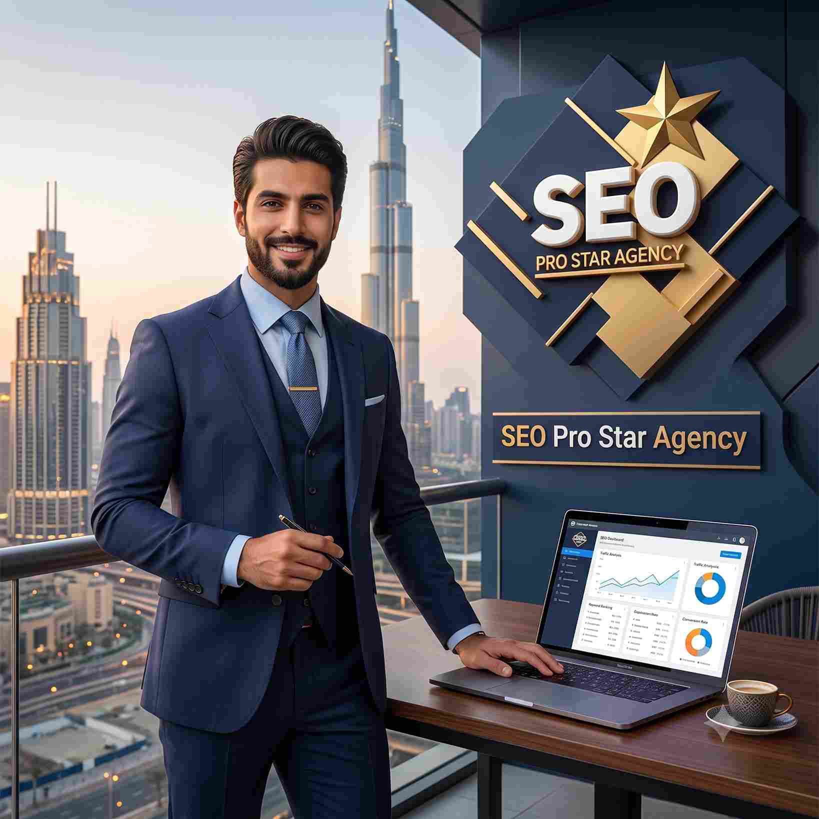 SEO strategy for Dubai businesses by SEO Pro Star Agency featuring a professional SEO consultant in a modern Dubai office with the Burj Khalifa, SEO performance dashboard, analytics, keyword research insights and data-driven search optimisation.