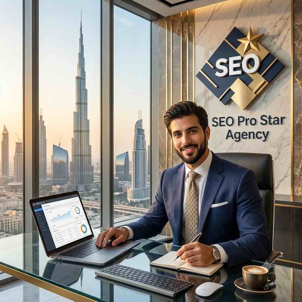 SEO strategy for Dubai businesses by SEO Pro Star Agency showing a professional SEO consultant in a modern Dubai office with the Burj Khalifa, SEO analytics dashboard, keyword performance reports, technical SEO insights and organic search growth.