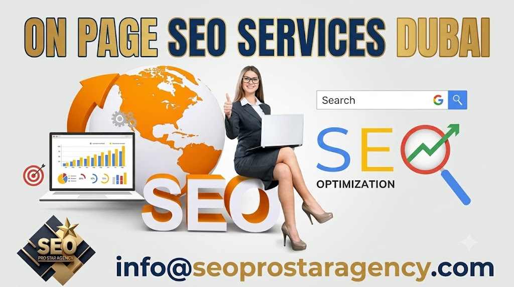 On Page SEO services in Dubai by SEO Pro Star Agency featuring SEO optimisation, keyword optimisation, website ranking growth, search engine optimisation, analytics dashboard, and digital marketing visuals.