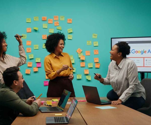 Team collaborating in a meeting with laptops and notes while planning Google Ads services strategy for business growth by SEO Pro Star Agency